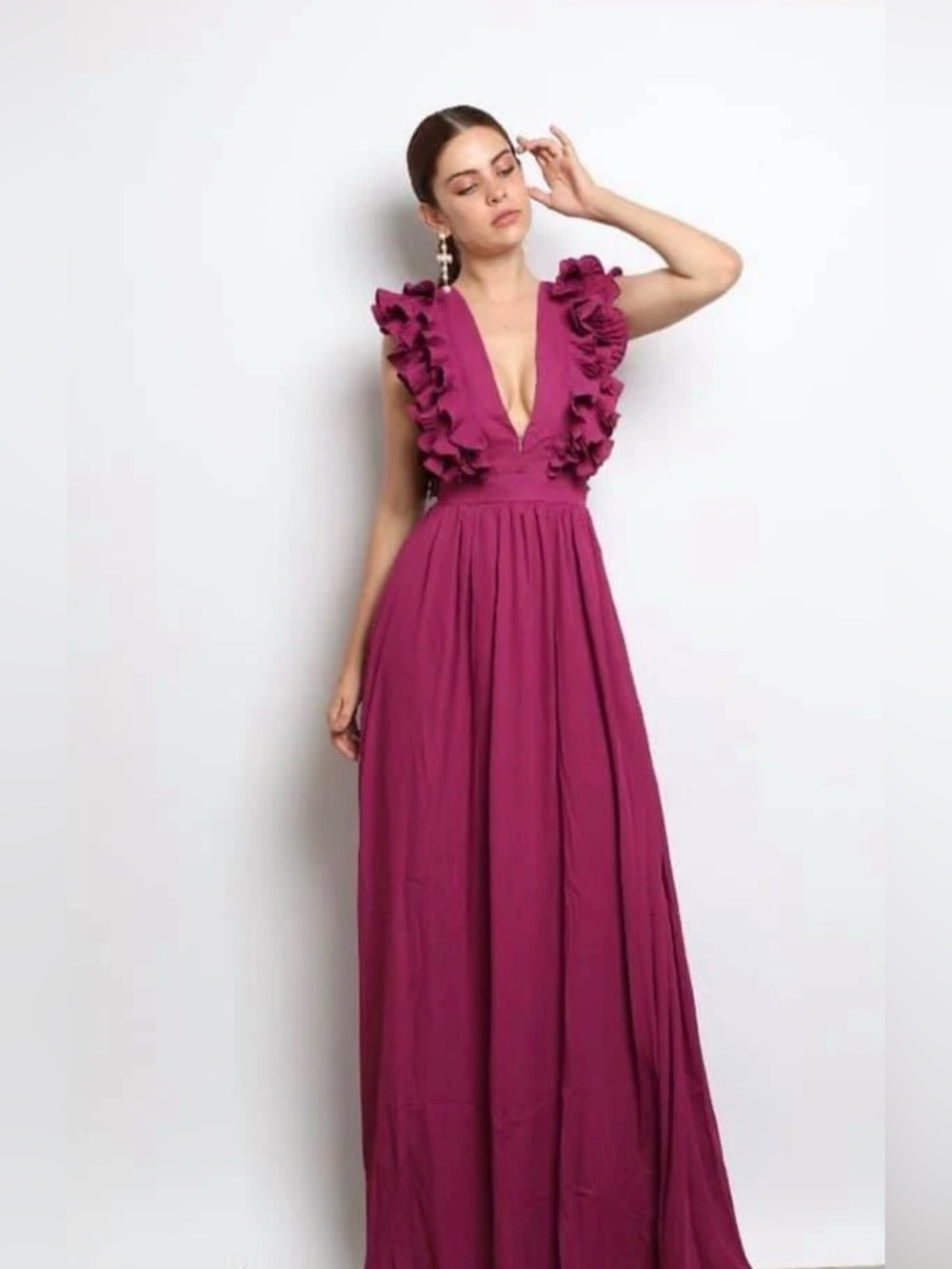 Symphony Ruffled Deep V Maxi Dress in Fuchsia